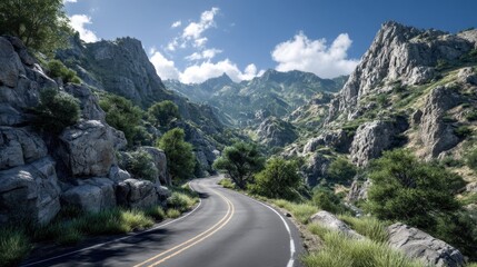 Fototapeta premium A highway passing through mountains with rocky peaks and greenery under a clear blue sky.
