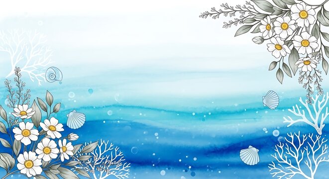 Watercolor winter floral background with white flowers, snowflakes, and branches, creating a serene and festive seasonal illustration