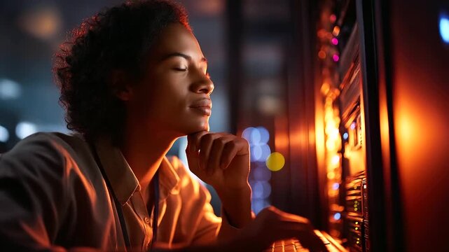 A system admin in a data center under vivid amber light oversees server virtualization hyper realistic scripts glowing on a monitor moody shadows on server racks bold colors