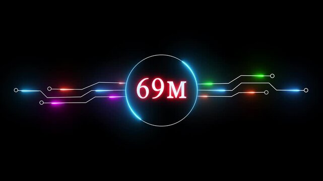 Neon 69 million followers and subscribers text animation. Neon glowing social media celebration, subscriber's. 