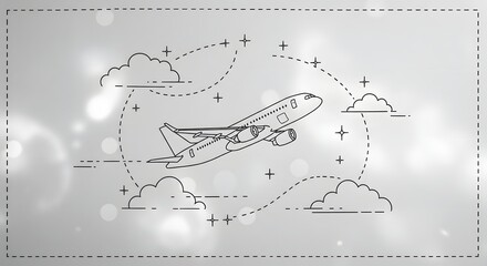 airplane flight path a passenger plane taking off traveling in a sky with clouds and dashed lines illustrating air travel and logistics.