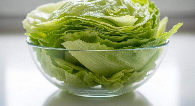 Fresh Appetizing Iceberg Lettuce Displayed in a Clear Glass Bowl, Close-up Shot