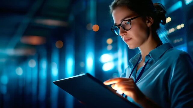 A female system admin in a data center under vibrant blue light configures server architecture hyper realistic processing visuals glowing moody shadows on server racks bold