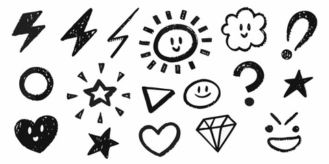 Collection of hand drawn black doodle icons and symbols on a white background