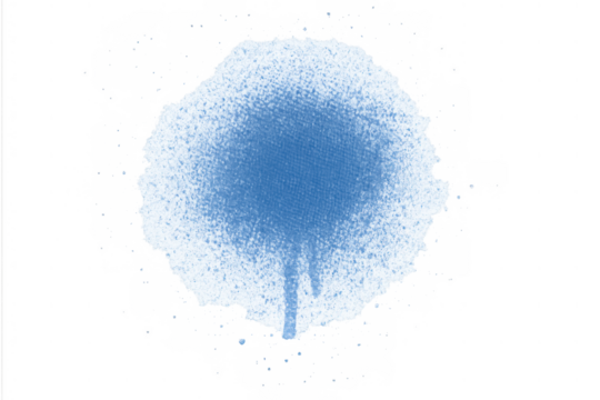 Blue watercolor paint splash texture with dripping effect. Abstract artistic hand drawn grunge blot on transparent background