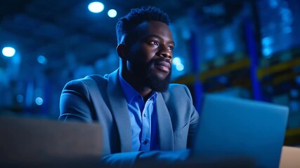 A Black male executive under vibrant blue light oversees order logistics on a laptop in a distribution hub hyper realistic inventory visuals glowing moody shadows on boxes - Powered by Adobe