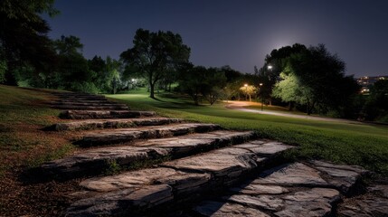 Stone steps lead through a quiet night park as a full moon rises over a hill, casting a soft, romantic glow across the scene.