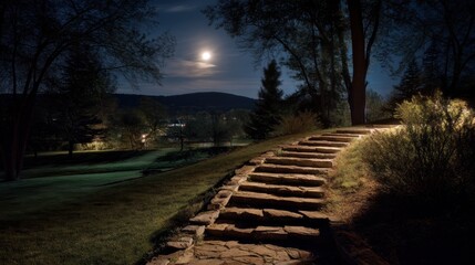 Stone steps lead through a quiet night park as a full moon rises over a hill, casting a soft, romantic glow across the scene.
