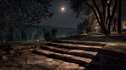Stone steps lead through a quiet night park as a full moon rises over a hill, casting a soft, romantic glow across the scene.