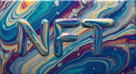 Naklejka premium NFT digital art with colorful liquid marble swirl pattern and metallic text