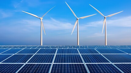 Solar Panels in the Foreground with Wind Turbines Against a Clear Blue Sky for Renewable Energy and Sustainable Solutions