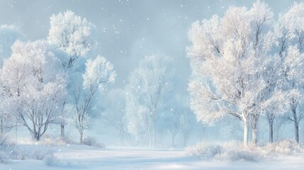 Snow-covered trees and gentle snowfall under a pale blue sky create a peaceful and enchanting winter scene.