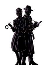Detective duo silhouette retro vector illustration