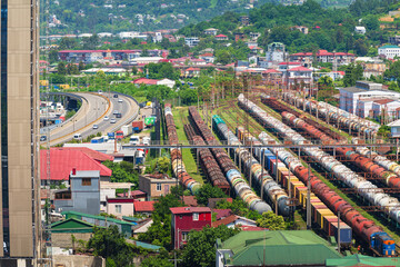 Batumi railway station with trains and carriges