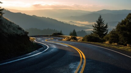 A winding mountain highway with vivid yellow directional symbols, emphasized by morning light and atmospheric depth.