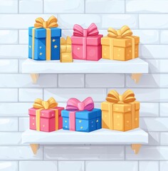 Obraz premium Colorful gift boxes on shelves with ribbons and bows in a decorative setting