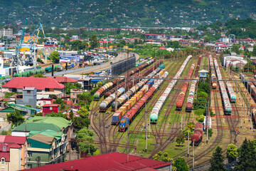 Batumi railway station with trains and carriges