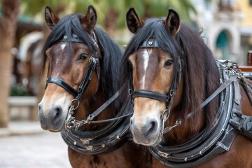 Dark bay draft horses wearing harness for carriage ride