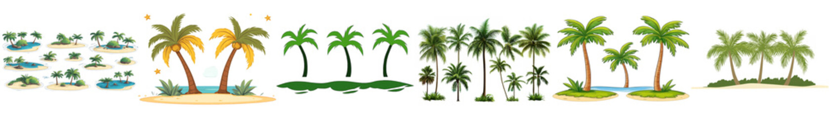 Obraz premium Collection of diverse palm trees and tropical islands with sandy beaches and blue water transparent background