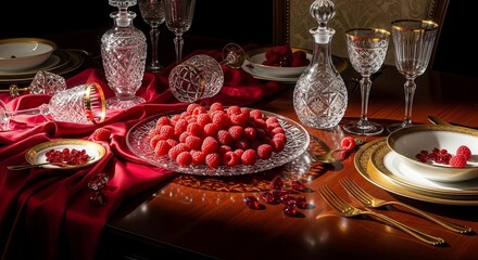 Naklejka premium Exquisite Still Life Displaying Crystal Stemware, Raspberries and Luxurious Table Setting