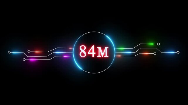 Neon 84 million followers and subscribers text animation. Neon glowing social media celebration, subscriber's. 