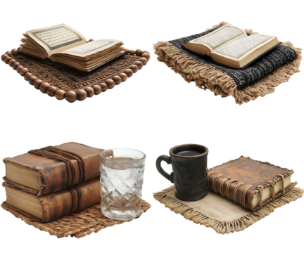 Four vignettes Holy book on mat Quran on blanket old books with water glass and antique book with coffee mug transparent background