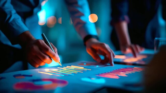 Business associates under stark amber light analyze key performance indicators hyper realistic dashboards glowing moody shadows on a conference table bold saturation in charts