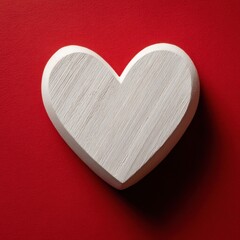 A white wooden heart rests on a bright red background, viewed from above with soft light, creating a clean and romantic Valentine&rsquo;s feel.