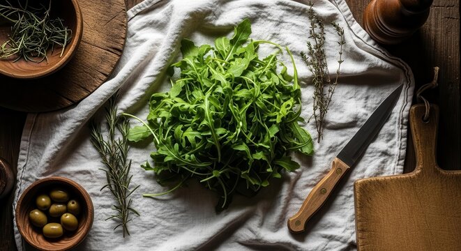 Fresh Arugula and Ingredients Ready for Rustic and Delightful Culinary Creation