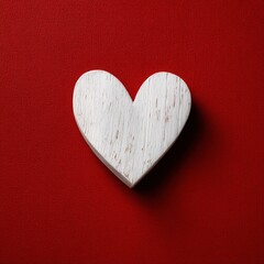 A white wooden heart rests on a bright red background, viewed from above with soft light, creating a clean and romantic Valentine&rsquo;s feel.
