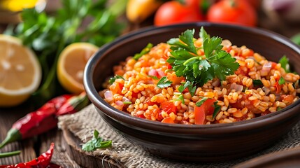 A bowl of tabbouleh salad with parsley garnish and lemon wedges on a wooden table surface