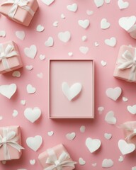 A pink flat lay frame with scattered white hearts and space in the center, creating a soft and romantic Valentine&rsquo;s Day look.