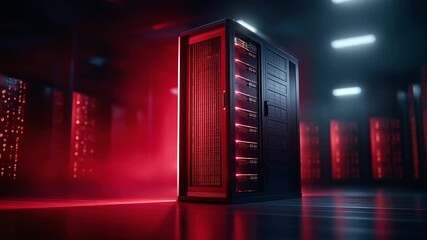 A chroma key computer in a data center under bold red light shows supercomputer energy consumption hyper realistic automation visuals glowing moody shadows on server racks - Powered by Adobe