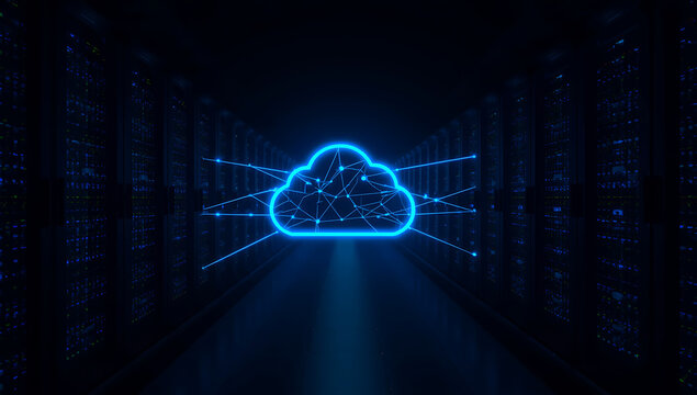 Blue neon cloud network symbol glowing in a dark server room aisle with digital connections computing