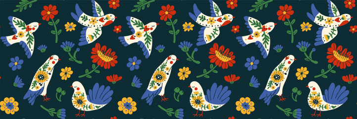 Scandinavian folk floral seamless pattern with spring birds and retro animals.