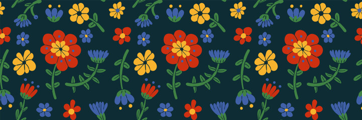 Spring seamless pattern in scandinavian folk floral flowers retro style. © Alyona_Uvarova