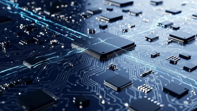 A close-up view of a circuit board with multiple integrated circuits and glowing lines, rendered with a shallow depth of field