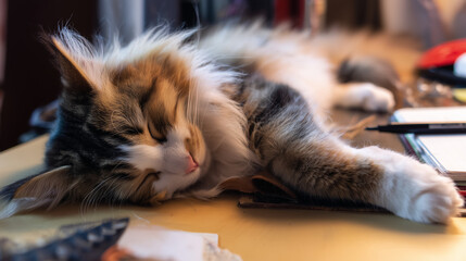 A fluffy cat peacefully sleeping on a desk beside notebooks and pens.