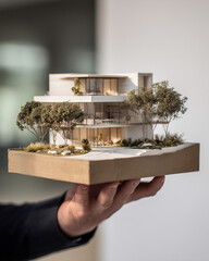 A hand holding a detailed architectural model of a modern house surrounded by trees.