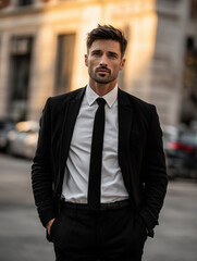 A man in a black suit and tie standing confidently on a city street.