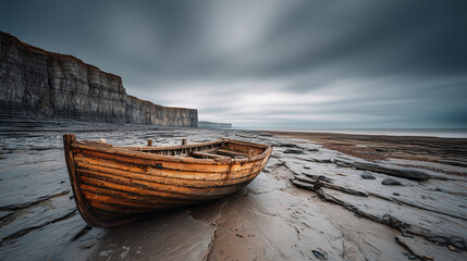 Weathered wooden boat resting on a rocky beach beneath dramatic coastal cliffs.
