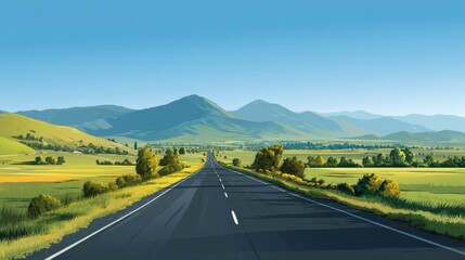 Straight empty road through green hills and meadows with mountains under a bright summer blue sky.