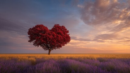 A heart-shaped red tree stands in a golden field at sunset, glowing against a colorful sky in a warm and romantic scene.