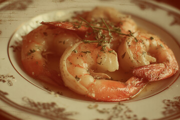 Close-up of cooked shrimp garnished with herbs on a vintage plate.