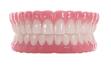 Obraz premium Full upper and lower dental prosthesis. Close-up view of a complete set of artificial teeth. Natural looking teeth and gums. High-quality dental appliance