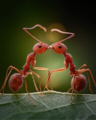 Two red ants stand close on a green leaf, appearing to kiss, captured in dramatic macro detail with soft natural lighting.