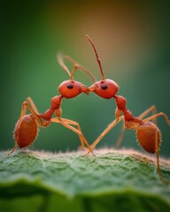 Two red ants stand close on a green leaf, appearing to kiss, captured in dramatic macro detail with soft natural lighting.