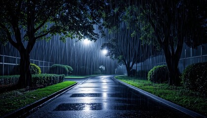 Rainy night street with illuminated path and surrounding trees  