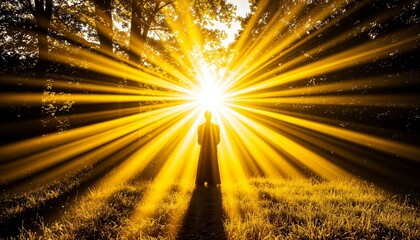 Person standing in sunlight surrounded by trees in golden hour  