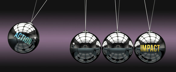 Action leads to Impact. A metaphor in which action initiates motion of impact and gives it energy. Cause and effect relation between action and impact. ,3d illustration